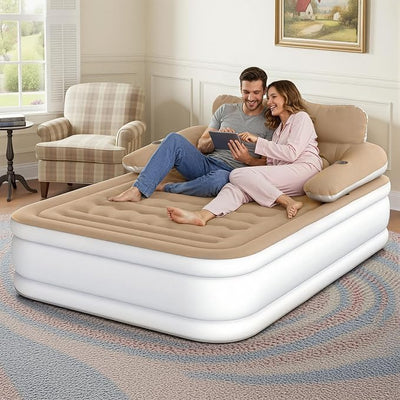 DWVO Queen Size Air Mattress with Headboard & Cup Holders, Blow Up Bed with Built-in Pump & Carry Bag, Fast Inflation Air Bed for Home, Guests & Camping, 60" x 80" x 36", Brown