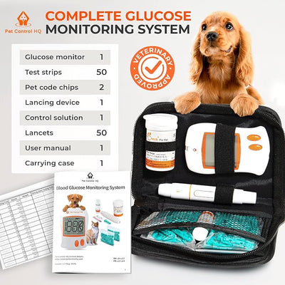 Pet Blood Sugar Glucose Monitoring Kit for Dogs and Cats - Pet Glucose Diabetic Monitor System - Accurate Diabetes Testing 2 Code-Chips for Dog/Cat, Lancets - Monitor + 50 Test Strips