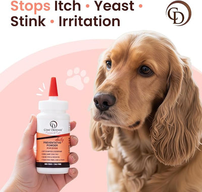 COAT DEFENSE Daily Preventative Powder | Made in USA | 4.2oz Precision Point Waterless Dog Shampoo & Pet Deodorizer for Smelly Dogs | Provides Anti Itch Relief | Dog Dry Shampoo for Dry Itchy Skin