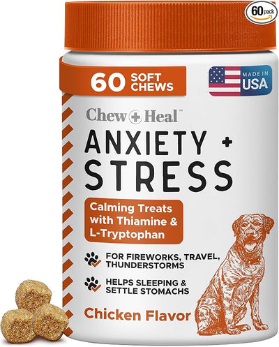 Calming Chews for Dogs - 60 Anxiety Relief Treats for Fireworks, Thunder, and Storms - Natural Dog Calming Treats for Large and Small Breeds with Thiamine, L-Tryptophan, Ginger, and Melatonin