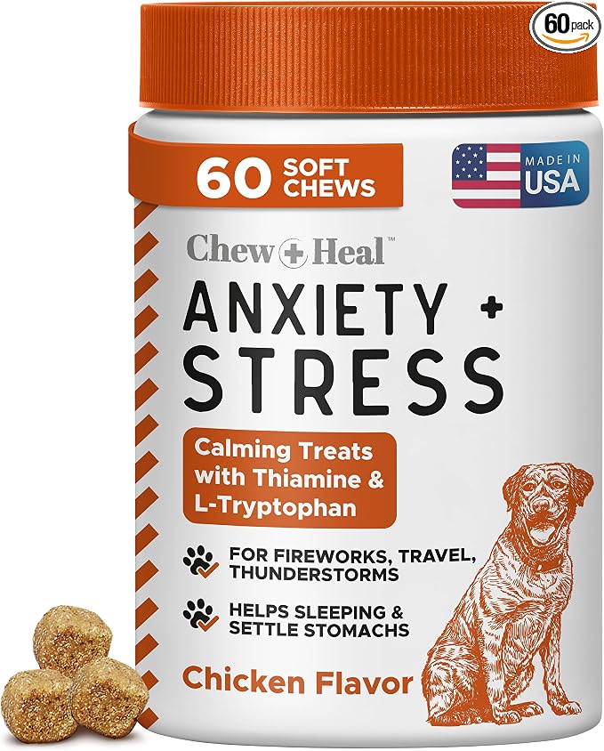 Calming Chews for Dogs - 60 Anxiety Relief Treats for Fireworks, Thunder, and Storms - Natural Dog Calming Treats for Large and Small Breeds with Thiamine, L-Tryptophan, Ginger, and Melatonin
