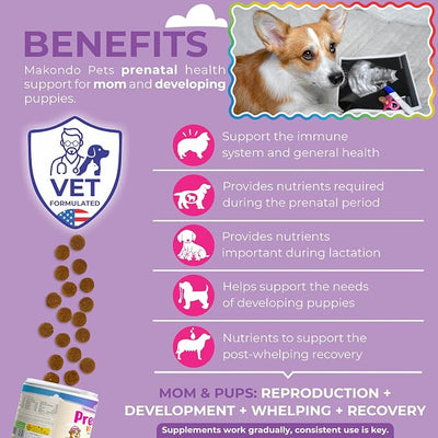 Dog Prenatal Vitamins – 120 Soft Chews Multivitamin, Folic Acid, Zinc, B-Complex, DHA & EPA Omegas and Probiotics Supplement for Pregnant, Nursing Breastfeeding pet – Mom & Puppy Vitamin Formula.