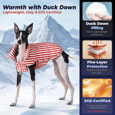 SPACE LION Dog Puffer Jacket, Down Winter Coat, Durable Outdoor Coat for Cold and Windy Conditions, Lightweight & Adjustable Fit Coats for Large Dogs, (RedStripe, Size26/3XL)