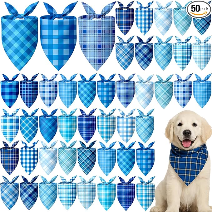 Abbylike 50 Pcs Plaid Dog Bandanas Bulk Blue Checkered Bandanas for Dogs Triangle Kerchief Bibs Scarf Set for Pet Holiday Costume Photo Props Accessories Pet Shops (25.6 x 17.7 x 17.7 Inch)
