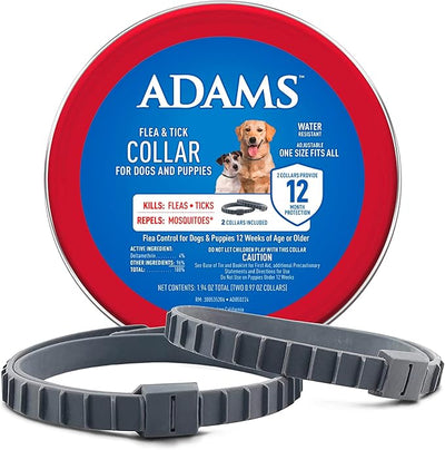 ADAMS Flea and Tick Collar for Dogs & Puppies, Collar for 12-Month Prevention, Kills Fleas, Ticks & Repels Mosquitoes, Excluding California, One Size Fits All Dogs & Puppies, 2 Count