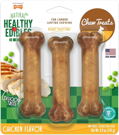 Nylabone Healthy Edibles Natural Dog Chews, Long Lasting Bones for Dogs, Chicken Flavor Dog Treats, Small (3 Count)