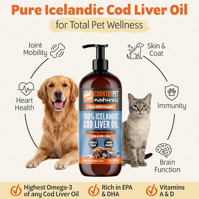 Wild-Caught Pure Icelandic Cod Liver Oil for Dogs & Cats,1150 mg Omega-3 per TSP, High EPA & DHA, Natural Vitamins A & D, Supports Healthy Skin & Coat & Mobility, Single-Ingredient, 100% Pure