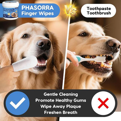 Dog & Cat Tooth Brushing kit - 60Ct Dog Toothbrush & Toothpaste Alternatives, Dental Care Wipes, Heavy Duty Teeth Cleaning, Remove Tartar & Plaque, Breath Freshener(Coconut)