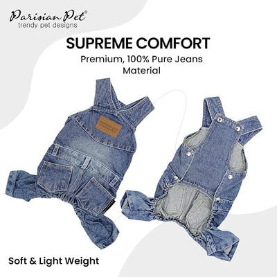 Parisian Pet Dog Overalls - Blue Denim Dog Clothes - Breathable Sling Puppy Jumpsuit - Durable and Trendy Overalls for Dogs - Comfortable Jeans Dog Clothes for Small Dogs - Classy Pet Apparel