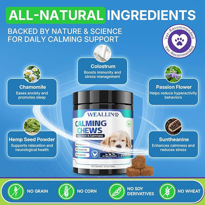WEALLIN Calming Chews for Dogs, Dog Calming Chews with Organic Hemp Seed Oil & Powder, Soft Calming Treats for Stressful Moments, Travel, Thunder, Fireworks, Chicken Flavor, 200 Chews