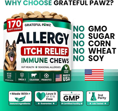 Dog Allergy Chews - Dog Allergy Relief - 170 Treats with Probiotics and Colostrum for Itchy Skin Relief to Support Seasonal Allergy and Healthy Immune System - All Natural Anti-Histamine - Made in USA