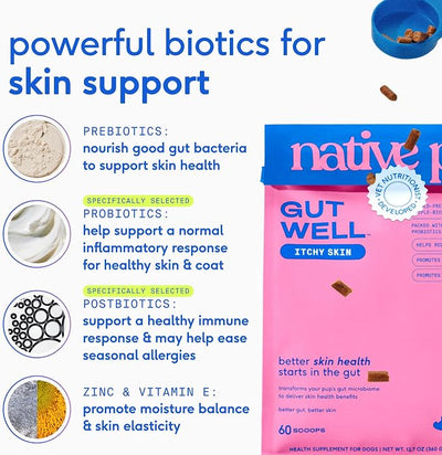 Native Pet Dog Itching Skin Relief Supplement - Allergy Support Powder Triple-biotic with Zinc and Vitamin E - Seasonal Itch Relief for Dogs - 120 Scoops