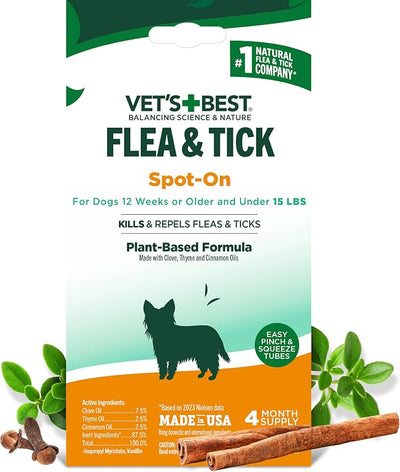 Vet’s Best Natural Flea and Tick Drops for Small Dogs, Plant-Based Spot-On Treatment with Certified Essential Oils, Topical Flea and Tick Prevention and Control, Natural Pest Care, 4 Month Supply