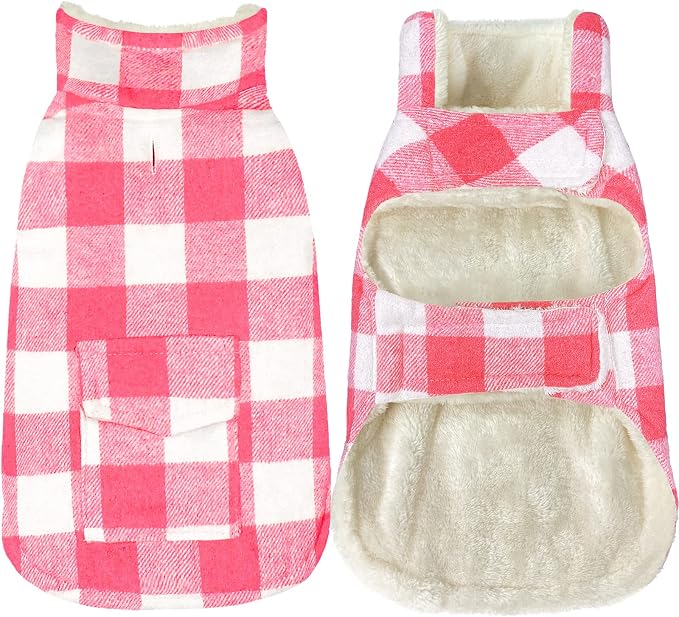 Malier Classic Plaid Fleece Dog Coat - Windproof Warm Jacket with Pocket, Winter Pet Clothes Apparel for Small to Large Dogs (Pink, Medium)