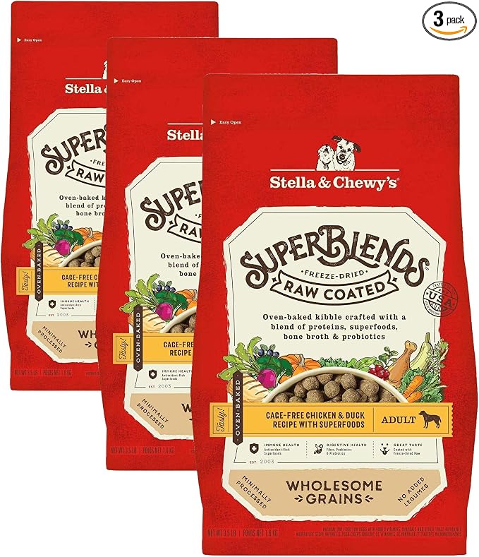 Stella & Chewy's SuperBlends Raw Coated Wholesome Grains Cage-Free Chicken & Duck Recipe with Superfoods, 3.5 lb. Bag (Pack of 3)
