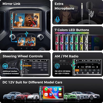 7" Double Din Car Stereo with Wireless Apple CarPlay & Android Auto, Bluetooth, 240W Output, SWC, Dual Subwoofer Support, Mirror Link, FM/AM Radio Receiver, USB-C/AUX/TF Ports,Backup Camera