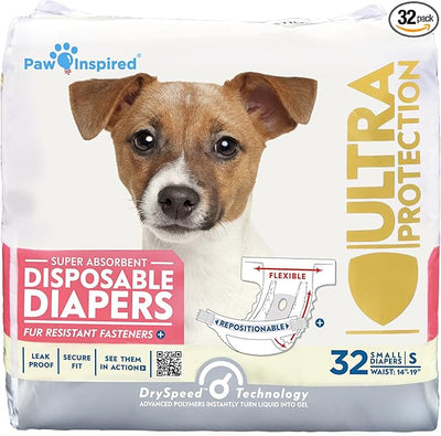 Paw Inspired 32ct Disposable Dog Diapers | Female Dog Diapers Ultra Protection | Diapers for Dogs in Heat, Excitable Urination, or Incontinence (Small)