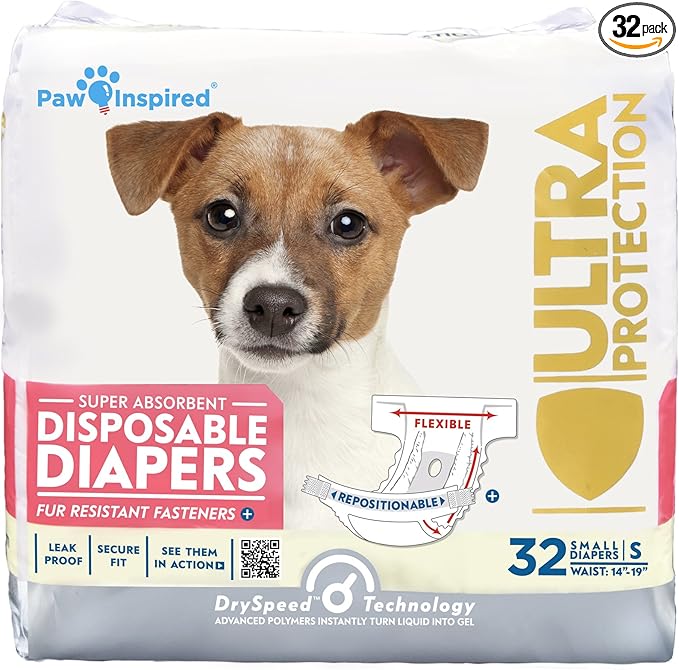 Paw Inspired 32ct Disposable Dog Diapers | Female Dog Diapers Ultra Protection | Diapers for Dogs in Heat, Excitable Urination, or Incontinence (Small)