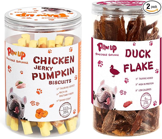 PAWUP Chicken Wrapped Biscuits Pumpkin Sticks & Jerky Duck Crisp Flakes, 12.5oz + 6oz, 1% Taurine Added, Rawhide Free