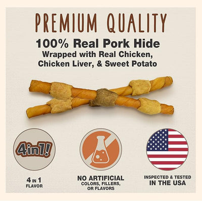 Cadet Gourmet Shish Kabob Dog Chews for Large Breeds, Rawhide Treats for Dogs with Chicken and Sweet Potato, Healthy & Natural Pork Hide, 10-Inch Sticks, 4 Count