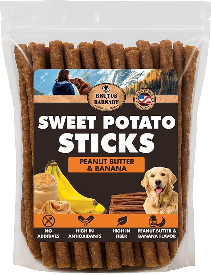 BRUTUS & BARNABY USA Sweet Potato Dog Treats - Grain Free, Peanut Butter Crunchy Sticks are Great Tasting, Promotes Positive Dog Gut Health with Natural Anti-Diarrhea Properties,(2lb Bag)