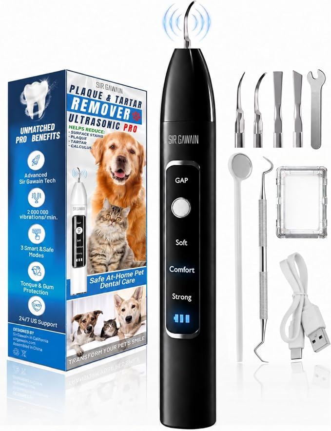 SIRGAWAIN Pet Ultrasonic Dental Cleaner — Plaque, Tartar & Stains Remover, 4 Tips, 3 Modes, LED, Contact-Activated & Smart Touch Protection, Complete Cleaning Kit for Dogs & Cats (Black)