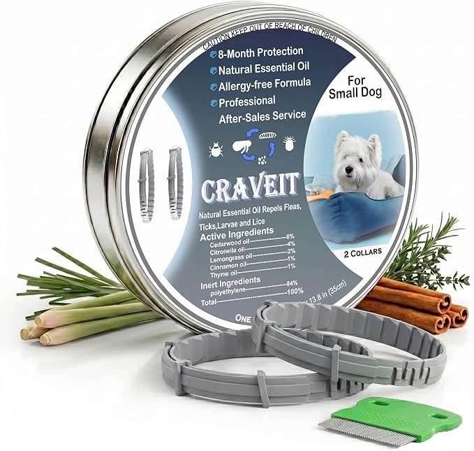 Craveit Dog Flea Collar, 2 Pack Flea Collar for Dogs Small, Gentle Plant-Based Tick Repellent for Small Dog, Waterproof & Adjustable, 8-Month Long-Lasting Defense