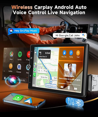 MAHVEC 10.4'' Single Din Car Stereo with Wireless CarPlay Android Auto, HD Rotation Touchscreen Radio with Bluetooth, USB, Mirror Link, SWC, Car Play, FM/RDS Radio, Backup Camera