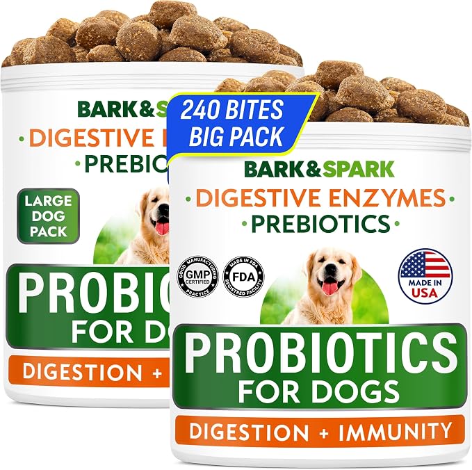 BARK&SPARK Dog Probiotics & Digestive Enzymes (Gut Health) Allergy & Itchy Skin - Pet Diarrhea Gas Treatment Upset Stomach Relief, Digestion Health Prebiotic Supplement Dog Treats (240Ct Chicken)