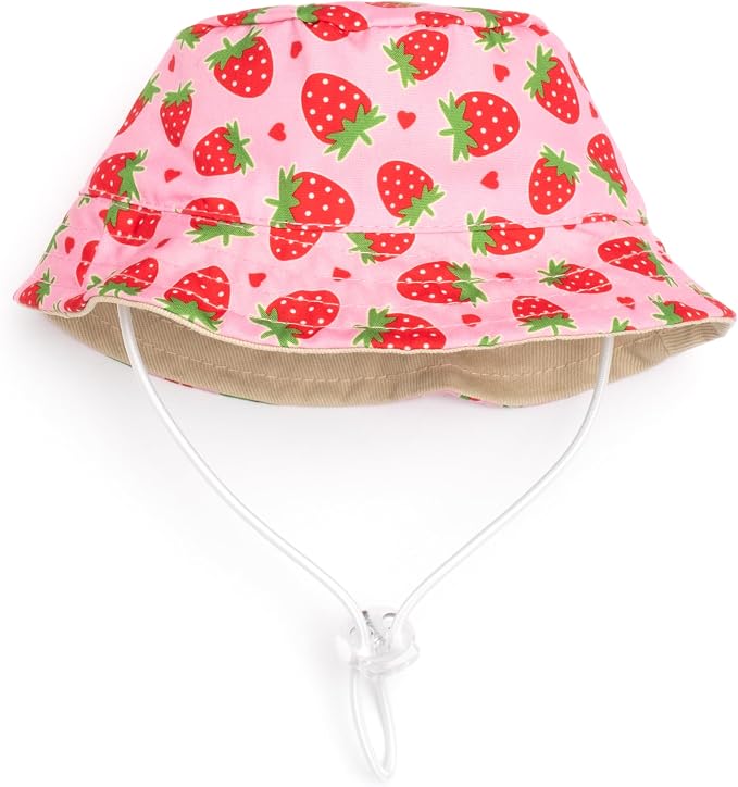 THE WORTHY DOG Strawberries Bucket Hat for Dogs – Lightweight Pet Sun Hat with Adjustable Chin Strap, Soft Brim & Bright Colors - Pink, X-Large