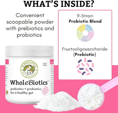 Wholistic Pet Organics WholeBiotics - Daily Dog Probiotics for Digestive Health Support & Immune Boost - 9 Strains - Prebiotics & Probiotics for Dogs & Cats - Gut Health for Dogs - 1 Oz - 28 Scoops