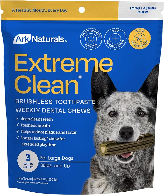 Ark Naturals Extreme Clean Brushless Toothpaste for Large Breeds, 18 oz Bag, Long-Lasting Dog Dental Chew with Toothpaste Center, Freshen Breath, Reduce Plaque & Tartar