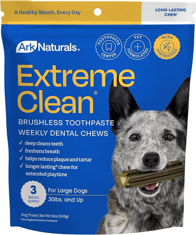 Ark Naturals Extreme Clean Brushless Toothpaste for Large Breeds, 18 oz Bag, Long-Lasting Dog Dental Chew with Toothpaste Center, Freshen Breath, Reduce Plaque & Tartar