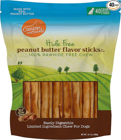 Canine Naturals Peanut Butter Chew - Rawhide Free and Dog Treats - Made from Real Peanut Butter - All-Natural and Easily Digestible - 40 Pack of 5 Inch Stick Chews