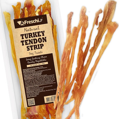 A Freschi srl Turkey Tendons for Dogs, USA-Sourced Human Grade, Rawhide-Free Long-Lasting Puppy Chews, All Natural Hypoallergenic Dog Treats for Small Breeds, Strips, 3oz Pack