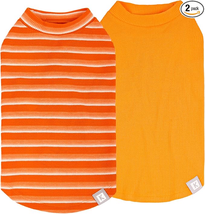 KYEESE 2Pack Waffle Dog Shirts, Lightweight Sleeveless Dog T Shirts for Small Dogs Boy Girl, Breathable Puppy Vest Comfortable Tank Top Soft Dogs Clothes for Daily Wear, Orange+Striped, S