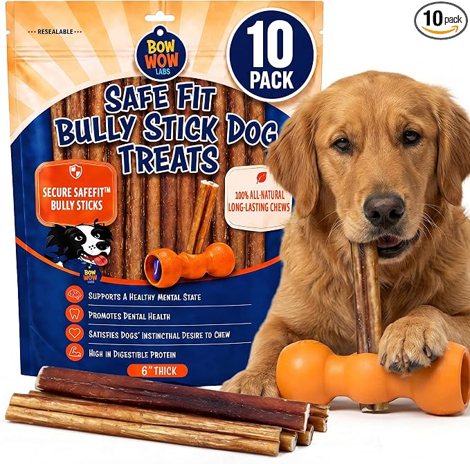 Bow Wow Labs SafeFit™ Bully Sticks for Dogs - 100% All Natural Beef Sticks, Grass-Fed, Low Odor, Long Lasting Dog Chews, Dog Chew Treats, Bully Stick for Small, Medium, Large Dogs - 6" Thick 10 Pack