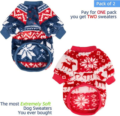 FabriCastle Christmas Dog Sweater, 2-Pack Dog Clothes XXS XS, Ultra Soft and Warm Pet Jackets for Small Dogs & Cats, Winter Pet Apparel Costumes, Puppy Outfits (Red,Blue, X-Small)