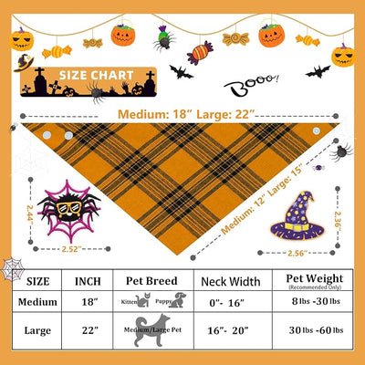 Plaid Dog Bandana - Spider and Witch Hat Embroidery Patches Durable Fabric, Puppy Handkerchief, Boys and Girls Pet Scarf,Medium