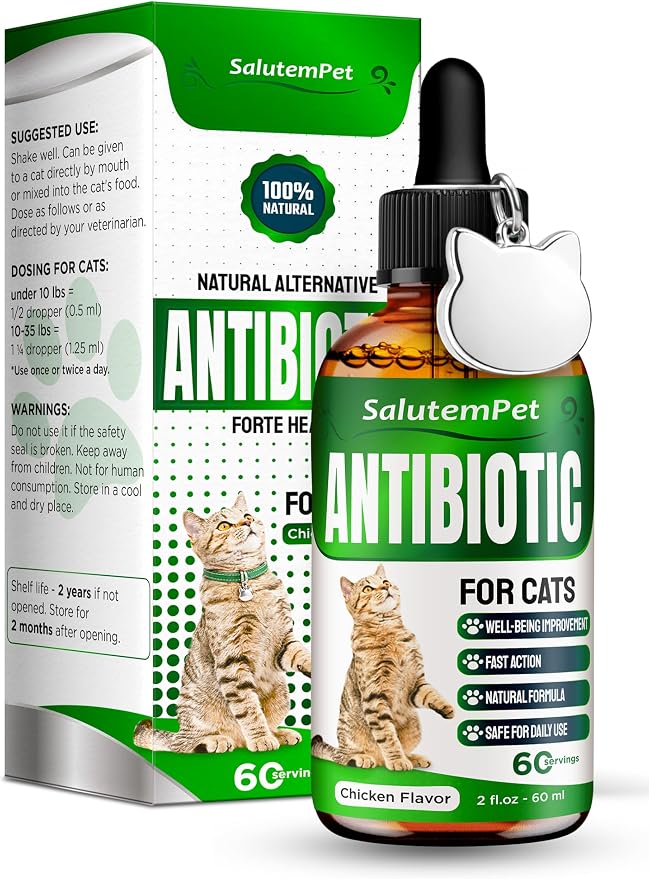 Cat Antibiotic in Drops – Natural Antibiotics for Cats with Chicken Flavor Help with UTI, Cough, Allergies – Safe for Pets and Breeds – 2-oz Bottle with a Pendant Included