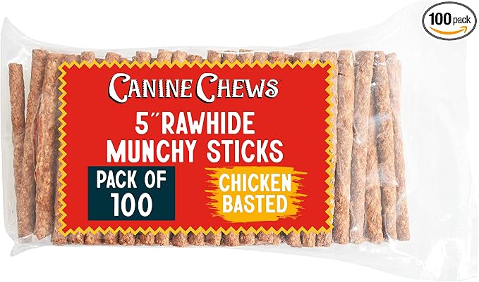Canine Chews 5" Munchy Rawhide Sticks for Small Dogs Munchy Dog Snack Sticks 100 Pack (Chicken)