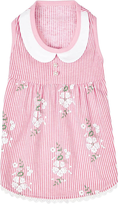 Blueberry Pet Wonderland Floral Sleeveless Dog Dress in Pink Stripe with Peter Pan Collar, Back Length 16", Pack of 1 Clothes for Dogs