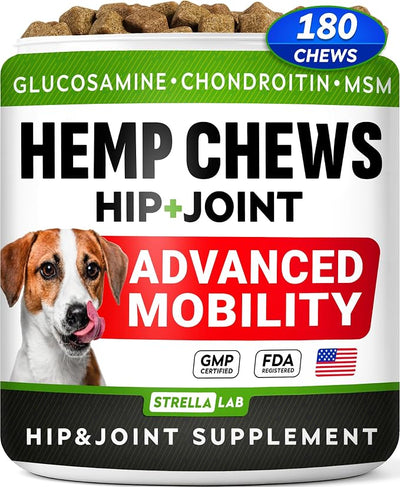 STRELLALAB Hemp Chews for Dogs - Hip & Joint Supplement with Glucosamine - Joint Pain Relief Treats - Omega 3, Chondroitin, MSM - Advanced Mobility Support - Chicken Flavor - 180 Ct - Made in USA