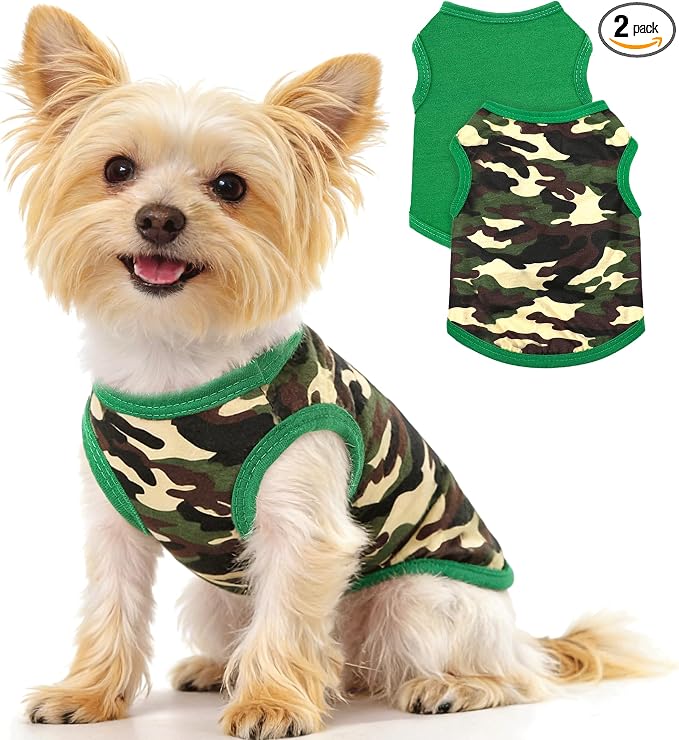 2 Pack Dog Shirts for Small Dogs Girl Boy Camouflage Puppy Clothes Pet T Shirts Dog Clothes for Small Dogs Cats Apparel (Green Camouflage + Solid Color, Small)