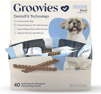 Groovies Senior & Gentle Chewers Dog Dental Treats, Flexible Texture, Patented Technology to Help Control Tartar & Freshen Breath, Small Dog Chews (5-15 lbs), USA Manufactured Oral Care, 40 Count