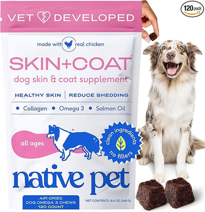 Native Pet Skin & Coat Chews - Omega 3 Fish Oil for Dogs Skin & Coat Supplement - Itch Relief, Shiny Fur & Shedding Support - Collagen, Hyaluronic Acid, Biotin, Probiotics & Salmon Oil - 120 Chews