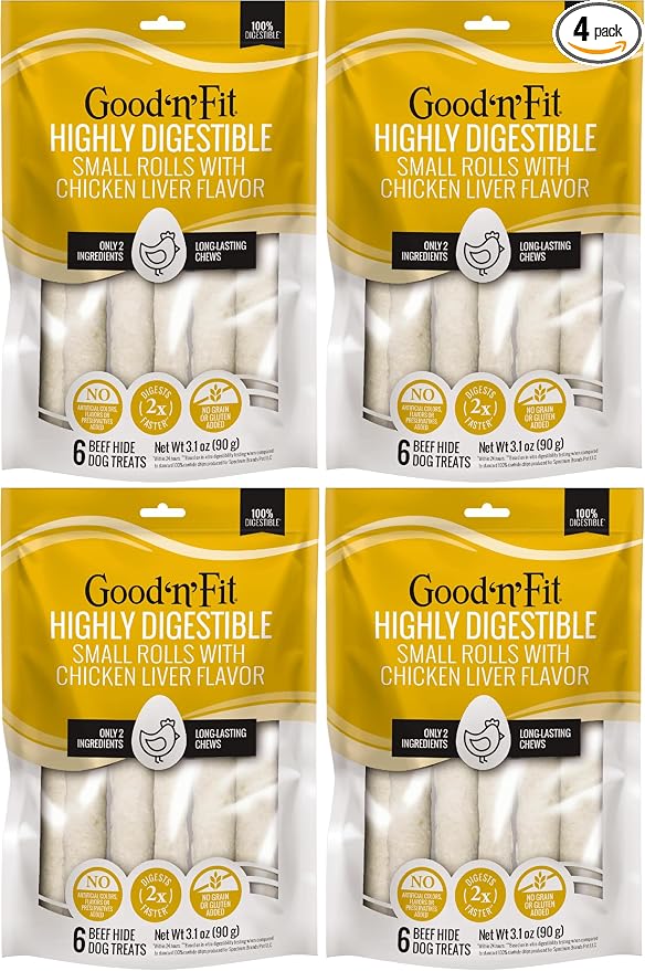 Good n Fit Small Rolls with Real Chicken Liver Flavor, 6 Count, Long-Lasting Highly Digestible Rawhide Chews for Dogs (Pack of 4)