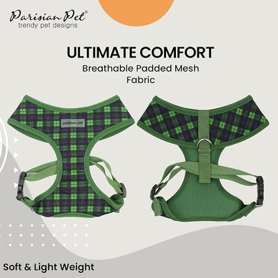 Parisian Pet Green Plaid Dog Harness - Breathable No Pull Puppy Harness with Leash Ring - Adjustable Harnesses for Dogs - Soft Padded Step-in Pet Vest - Lightweight Dog Vests for Large Dogs