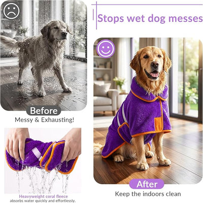 Bienbee Dog Bathrobe, Quick Drying Super Absorbent Pet Robes for Small Medium Large Dogs, Drying Coat for After Bath & Swim, Warm & Cozy Dogs Towels, Dog Puppy Bath Supplies, Purple XXL