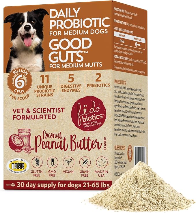 Fidobiotics Good Guts Probiotics for Dogs – Dog Probiotic Powder for Digestive Health, Gas Relief & Firmer Stools, 6B CFUs, Enzymes & Prebiotics, Medium Dogs, Puppies & Adults